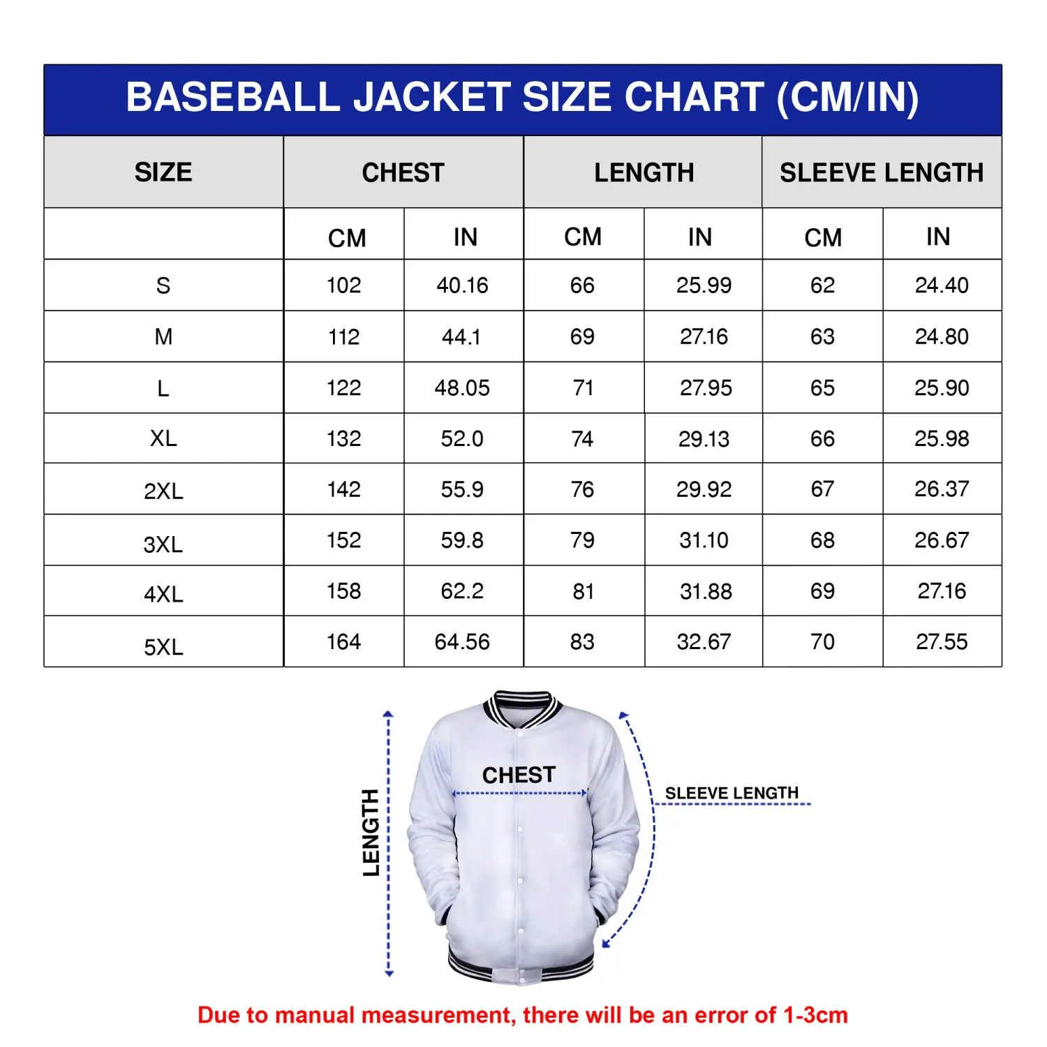 Baseball Jacket Size Chart
