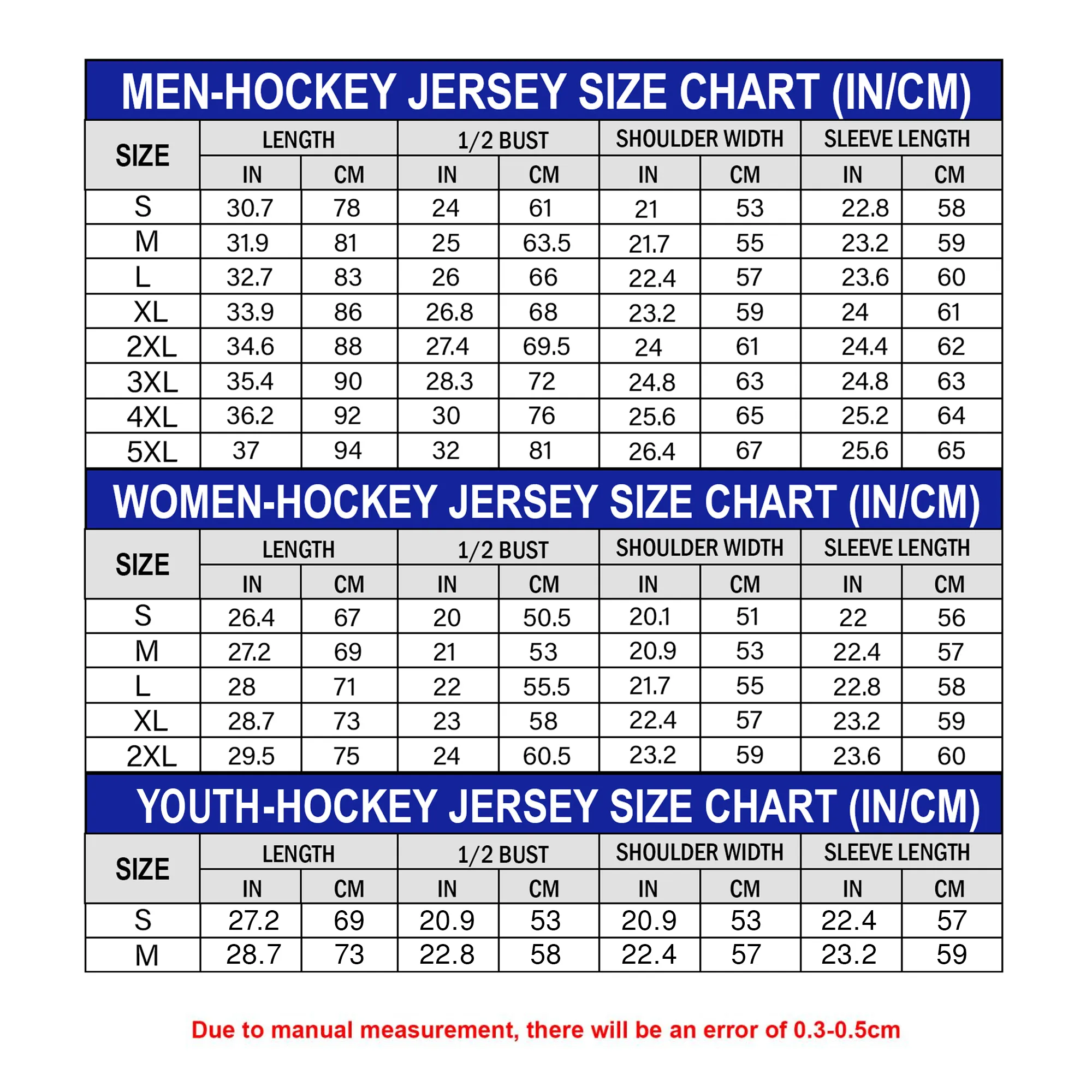 Hockey Jersey Size Chart