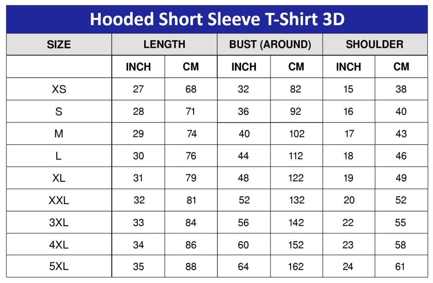 Hooded Size Chart