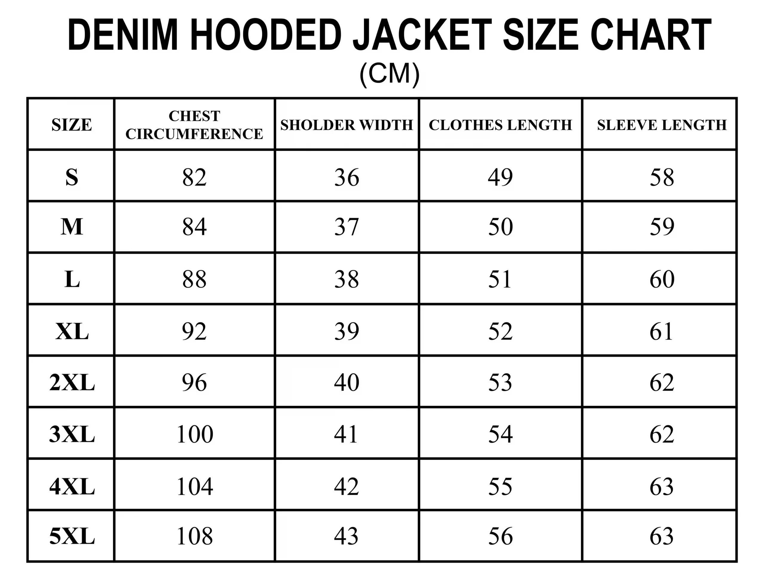 Denim Jacket Size Chart