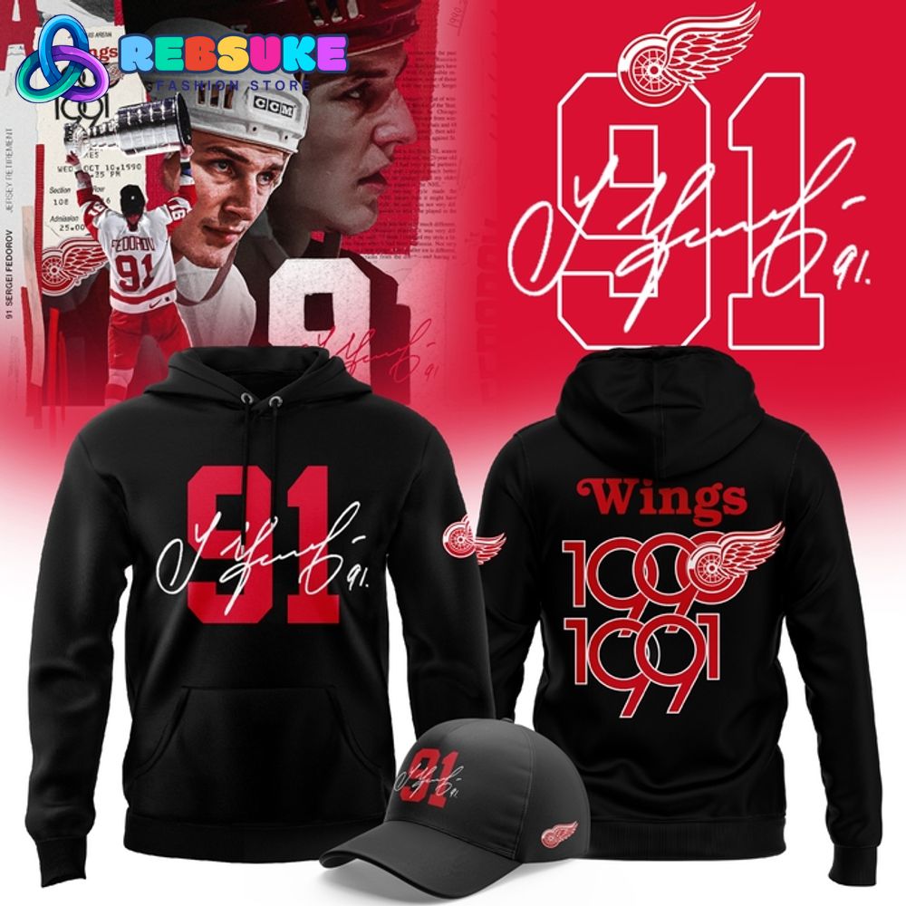 Detroit Red Wings 91 Sergei Fedorov Special Black Hoodie Set Detroit Red Wings 91 Sergei Fedorov Special Black Hoodie Set